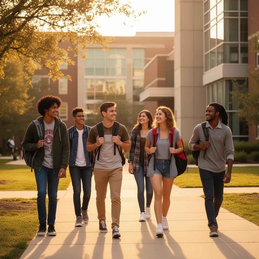 Students walking and talking along a campus path at golden hour